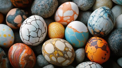 Decorative Easter eggs with unique patterns and colors arranged among smooth stones and pebbles Copy Space