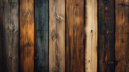 Naklejka premium Wooden wall texture with various shades and grains in vertical planks ideal for background or design applications Copy Space