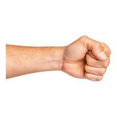 Man's clenched fist: A close-up studio shot of a male Caucasian hand clenched into a fist, isolated against a pure white backdrop. The image emphasizes strength, determination, and resolve.  