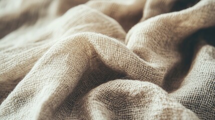 Textured natural linen fabric in soft folds with subtle lighting and Copy Space for design purposes.