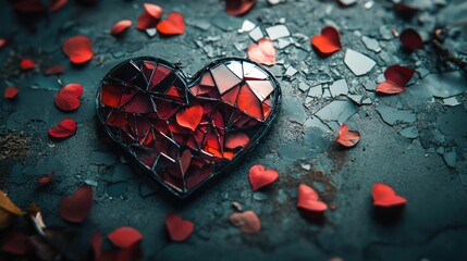 Mosaic heart shape made of broken glass surrounded by scattered red rose petals on textured surface with copy space