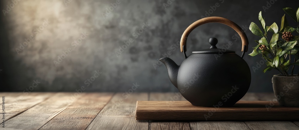 Aufkleber Elegant black teapot with wooden handle displayed on rustic wooden table alongside potted plant and empty space for text or branding