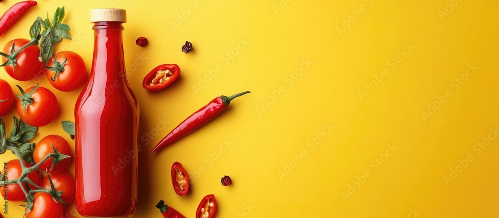 Poster Bottle of ketchup surrounded by fresh tomatoes and chili peppers on a vibrant yellow background with empty space for text or branding