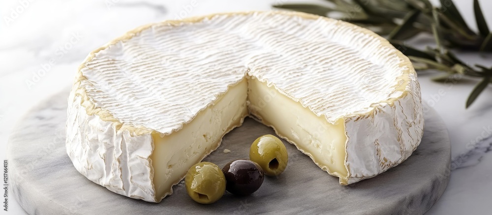 Aufkleber brie cheese and olives with camembert on marble board showcasing gourmet pairing and empty space for