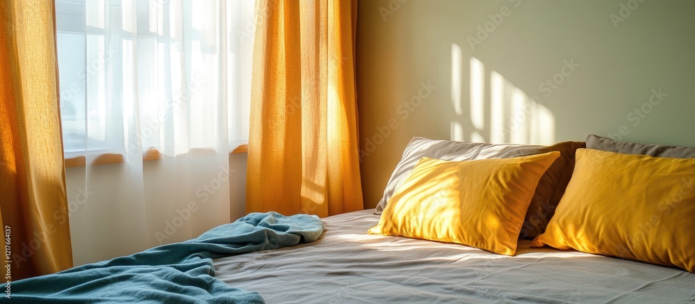 Poster minimalist bedroom with bright bed and pillows featuring natural light and empty space for text or b