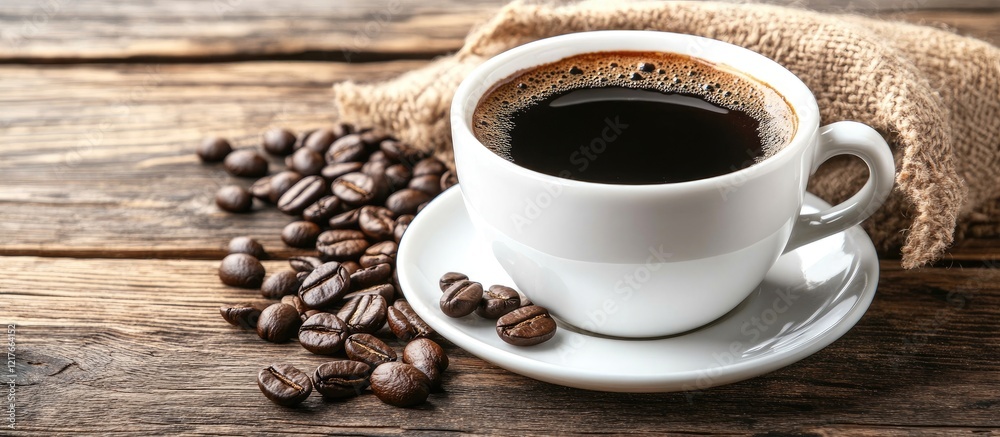 Poster brewed black coffee in a white cup with saucer on wooden table surrounded by coffee beans and burlap