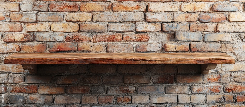 Aufkleber Brick wall with rustic wooden shelf displaying books and ample empty space for text or promotional content in interior design setting
