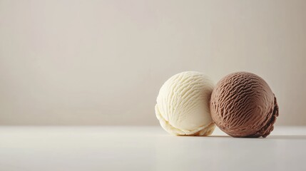 Chocolate and vanilla ice cream scoops on a clean surface with ample empty space for customizable text or branding purposes