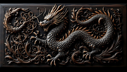Intricate Carving: A Majestic Asian Dragon in Bronze and Dark Wood
