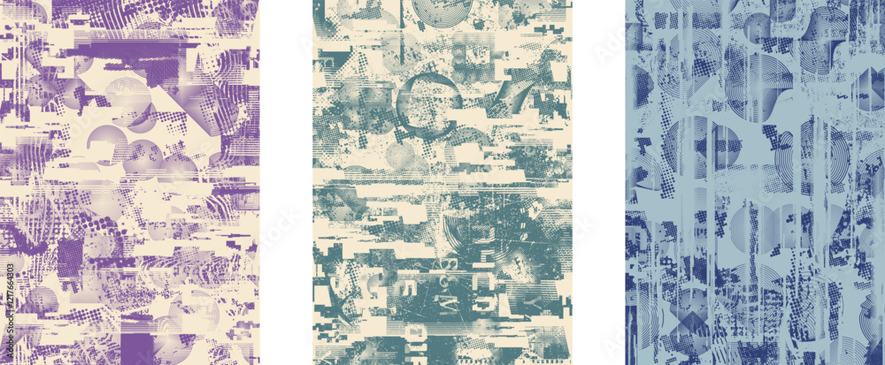Aufkleber Background with glitch distorted grunge textures . grunge background texture with halftone dots, glitched shapes, textures and lines .Screen print vector background with grunge textured surface.