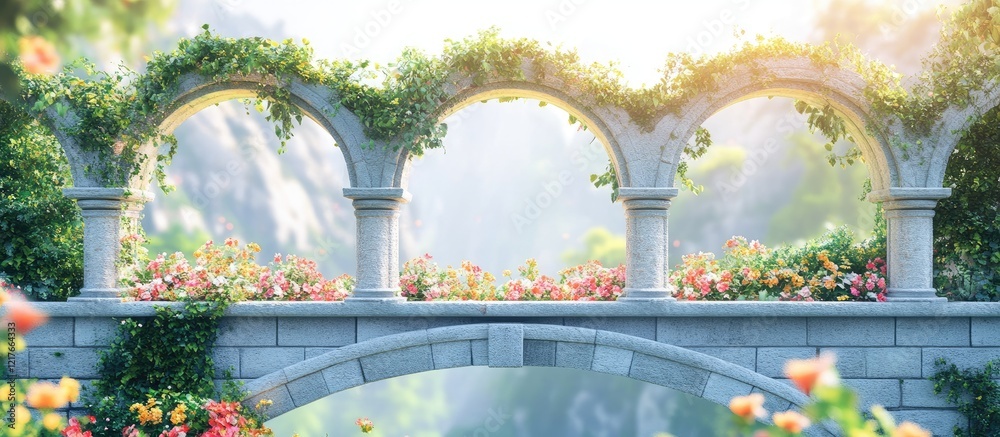 Poster arched bridge surrounded by vibrant flowers and greenery with a serene background and plenty of copy