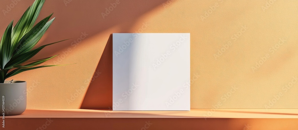 Aufkleber A3 Blank Cardstock Mockup on Wooden Table with Plant Shadow and Copyspace for Custom Text Design or Branding Display