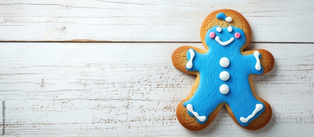 Poster blue gingerbread man cookie on rustic white wooden background with empty copyspace for holiday text 
