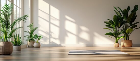 Bright and spacious yoga studio interior with potted plants and natural light casting shadows on wooden floor Copy Space