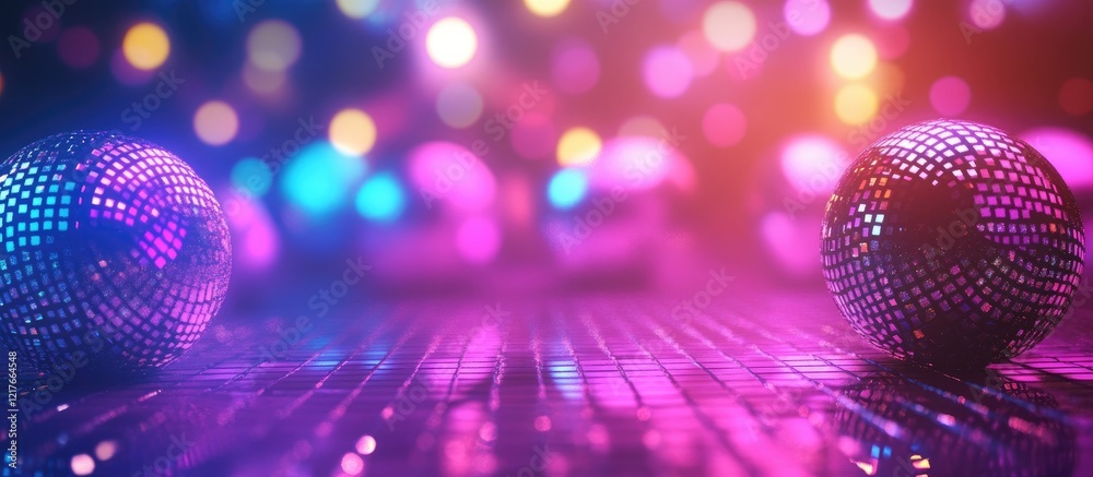 Poster vibrant 80s disco scene with reflections and bokeh lights ideal for music or party event promotions