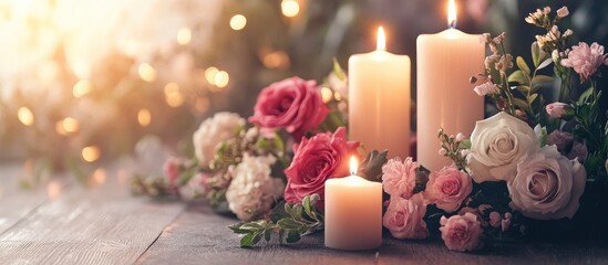 Candle arrangement with roses and soft lighting surrounded by greenery and bokeh background Copy Space