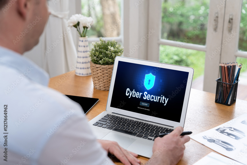 Poster cyber security system on computer screen protect private information brisk from hacker and cyber att