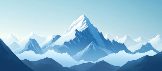 Mountain landscape with snow-capped peaks and distant blue mountains in a minimalist style with Copy Space for text placement.