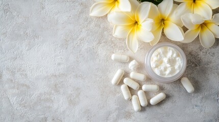 Skincare products including cream, capsules, and fresh yellow plumeria flowers on a textured surface with Copy Space