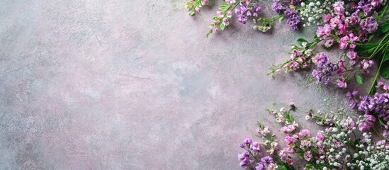 Floral arrangement of purple and pink wildflowers on a textured gray background with ample copy space for text placement