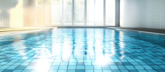 Indoor swimming pool with bright natural light reflecting on water surface and tiled walls featuring ample Copy Space for text.