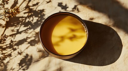 Fototapeta premium Yellow liquid in round glass container casting shadow on textured surface with dried plants and flowers in background Copy Space