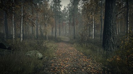 Obraz premium Autumn forest path, misty morning, game background