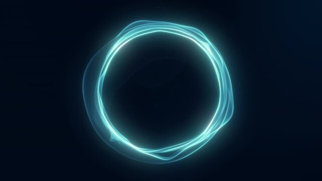 A glowing digital  abstract futuristic white energetic sphere that smoothly flows from chaotically moving particles on dark background. Seamless loop