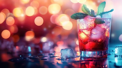 Festive chilled cocktail with ice cubes and mint leaves against a colorful bokeh background ideal for beverage promotions and branding