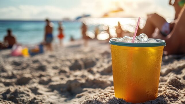 Chilled beverage cooler on sandy beach with people in background ideal for summer events and promotional text space
