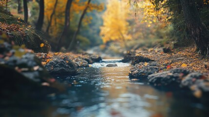 Fototapeta premium Autumn forest stream with colorful foliage and gentle water flow in soft focus Copy Space