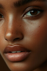 Naklejka premium Close up of woman face showcasing smooth skin, freckles, and full lips, conveying natural beauty and confidence
