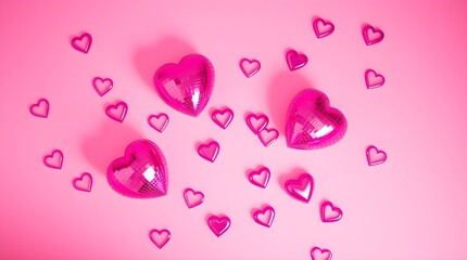 stock photo, top-down view. Multiple heart-shaped pink disco balls scattered on a vibrant pink background.