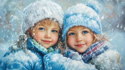Children in Winter Coats Smiling Together Snowflakes Falling Cozy Portrait with Space for Text