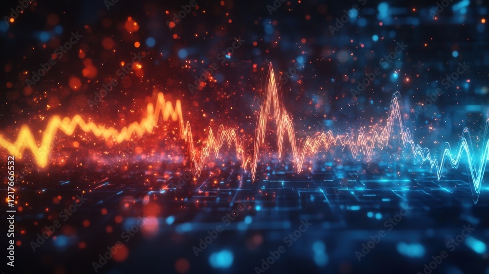 Poster complex digital network processing data represented by glowing lines changing color from red to blue