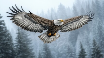 Fototapeta premium Majestic bald eagle in flight over snowy forest.