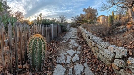 Fototapeta premium Desert Pathway Stone Wall Fence Cactus Plants