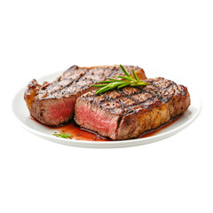 Perfectly Grilled Steak: Two juicy, perfectly grilled steaks, still sizzling, rest on a white plate adorned with a sprig of rosemary. The steak is cooked to a beautiful medium rare.