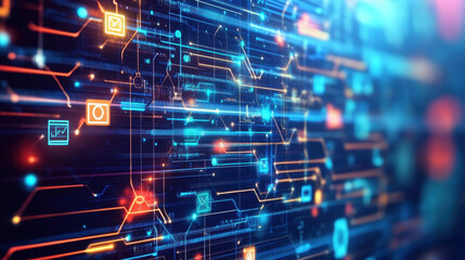 Obraz premium Technology-themed presentation background with circuit board designs, digital icons, and modern aesthetics, ideal for tech conferences, product launches, and seminars