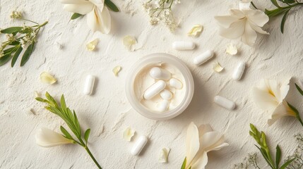 Natural Coconut Face Oil Capsules with Freesia Flowers in Creamy Foam Jar Surrounded by Floral Accents on Textured Background