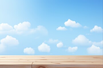 Fototapeta premium Abstract Kids Background with Empty Wooden Tabletop on Blue Sky Theme. Perfect for Children's Themes and Baby Room Decorations
