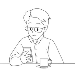 illustration of a man looking at his cell phone while drinking a cup of coffee