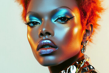 Obraz premium Stunning retro 80's style close up of model facial with vibrant blue eyeshadow and glittery lips, showcasing bold makeup artistry ,very short red hair black model artistic beauty and confidence