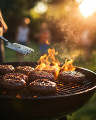 Family Backyard BBQ in Warm Sunset Light – Grilling Burgers and Enjoying Outdoor Dining