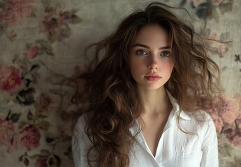 Fototapeta premium A portrait of an attractive woman with wavy hair, wearing casual , posing in front of a vintage wall painting.