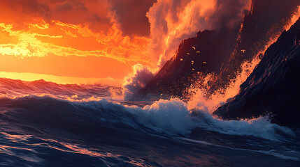 Fototapeta premium Dramatic waves crashing against obsidian rocks volcanic coastline at sunset coastal landscape photography natural beauty. Obsidian Cliff. Illustration