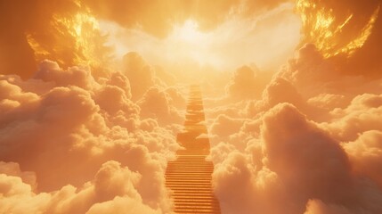 Golden clouds and a staircase leading to the sky. Great for dreamlike, spiritual, or inspirational concepts.