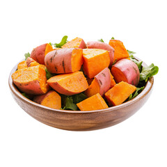 Sweet Potato Cubes in Wooden Bowl: A vibrant and appetizing photo of diced sweet potatoes in a rustic wooden bowl, ready to be cooked or served.