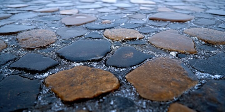 Cobblestones peeking through a thin layer of melting ice, shimmering under ambient light.