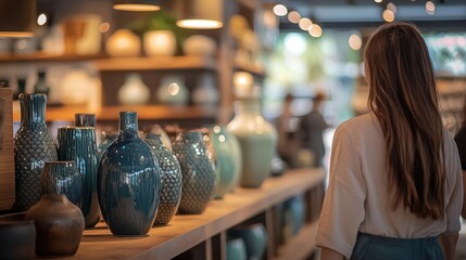 A young woman admires a collection of beautifully crafted ceramic vases in a modern art gallery. The setting features warm lighting and a welcoming ambiance that enhances the artwork